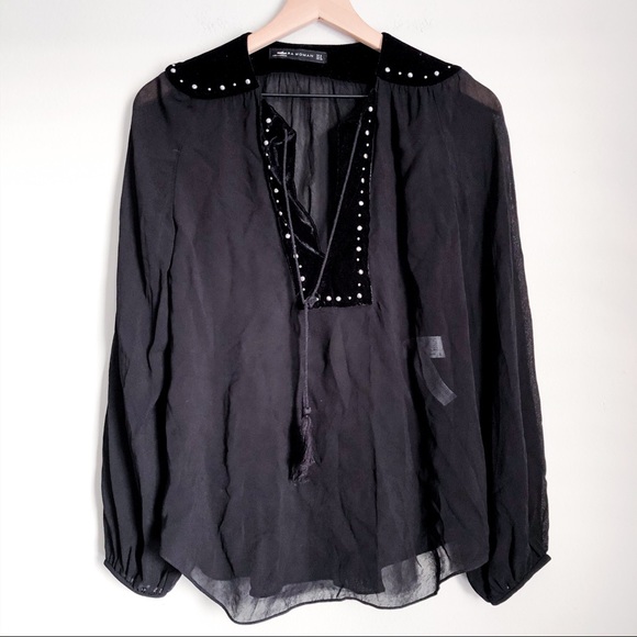 ZARA velvet and sheer beaded black blouse - Picture 3 of 5